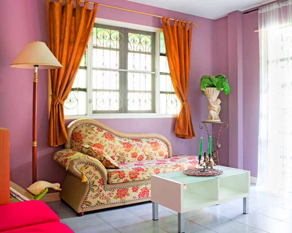 Orange color curtains for purple color